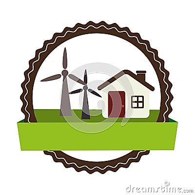 Circular landscape with cottage and eolic turbines Vector Illustration