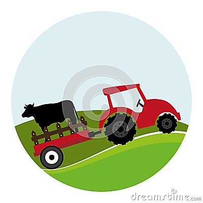 Circular landscape and tractor with trailer with cow Vector Illustration