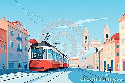 Circular Lisbon: Iconic Trams and Alfama in Minimalist Hues Cartoon Illustration