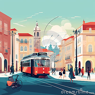 Circular Lisbon: Iconic Trams and Alfama in Minimalist Hues Cartoon Illustration