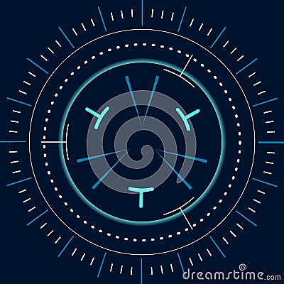 Circular loading bar with glowing neon blue light and target symbol, radiating lines and dotted patterns on dark Vector Illustration