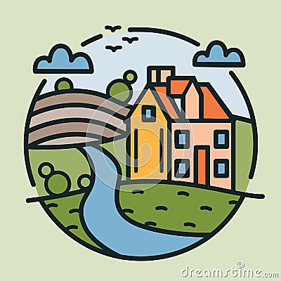 Circular logotype with farmhouse, hills covered with cultivated fields and river drawn in lineart style. Round logo with Vector Illustration