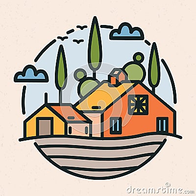 Circular logotype with village landscape, barn or ranch building and cultivated field in linear style. Round logo or Vector Illustration