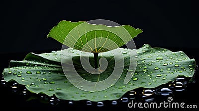 A circular lotus leaf floating on a tranquil pond with water droplets Stock Photo