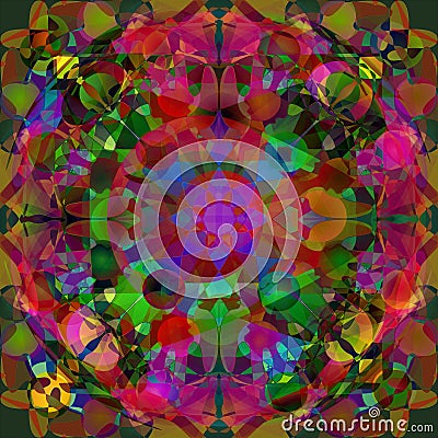 CIRCULAR MANDALA. KALEIDOSCOPE IMAGE. ABSTRACT BACKGROUND. BRIGHT PALLET IN FUCHSIA, RED, GREEN, YELLOW, BLUE Stock Photo