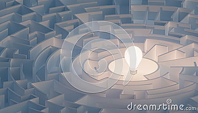 Circular maze or labyrinth with light bulb in its center. Puzzle, riddle, intelligence, thinking, solution, IQ concepts Cartoon Illustration