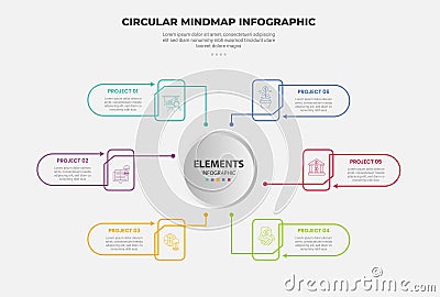 circular mind map infographic outline style with 6 point template with big circle centered with line spreading circular connection Stock Photo