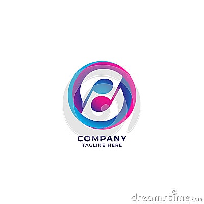 Circular musical note with letter S on negative space. Yin Yang logo concept. pink magenta blue purple multicolor gradient. Cartoon Illustration
