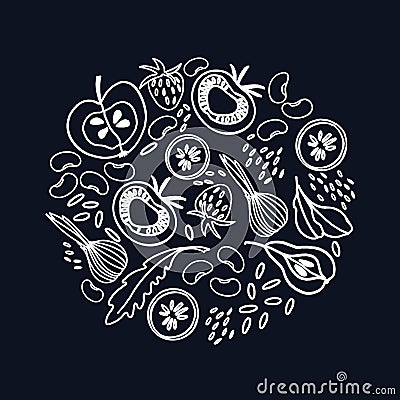 Circular ornament with fruit, vegetables, beans, greens. White on black illustration. Healthy food, veganism concepts Vector Illustration