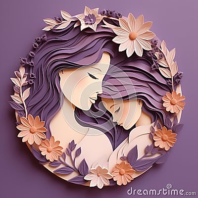 Circular paper sculpture with flowers of a lovingly embracing mother and daughter Stock Photo