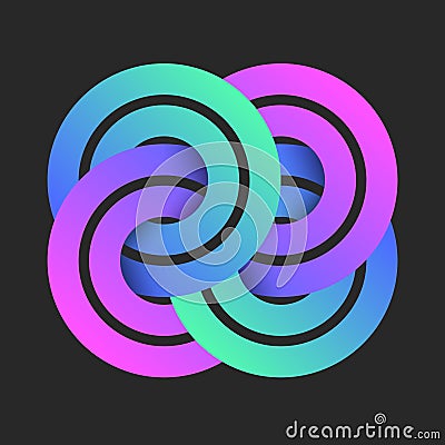 Circular pattern logo or chain mail round links weaving symbol vibrant gradient creative design, overlapping four circles logotype Vector Illustration