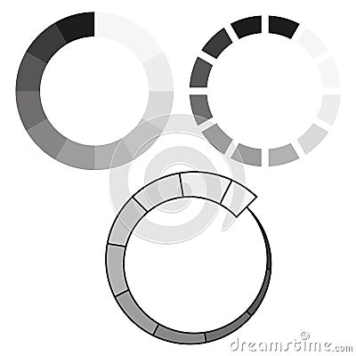 Circular progress indicators. Segmented loader graphics. Infographic elements for data. Vector illustration. EPS 10. Vector Illustration