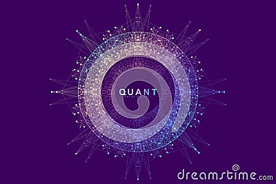 Circular quantum computer technology concept. Sphere explosion background. Deep learning artificial intelligence. Big Vector Illustration