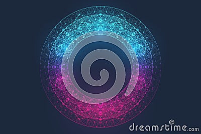 Circular quantum computer technology concept. Sphere explosion background. Deep learning artificial intelligence. Big Vector Illustration