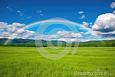 circular rainbow captured above a lush green field Stock Photo