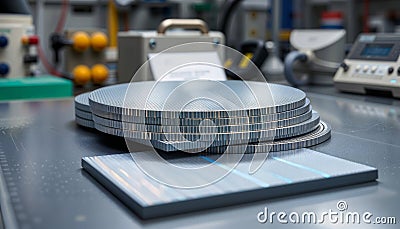 Circular and Rectangular Wafers in High Tech Lab, generative ai Stock Photo