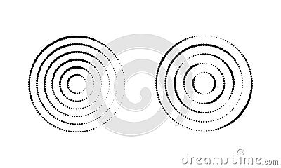 Circular ripple icons. Concentric circles with dotted lines isolated on white background. Vortex, tornado, sonar wave Vector Illustration