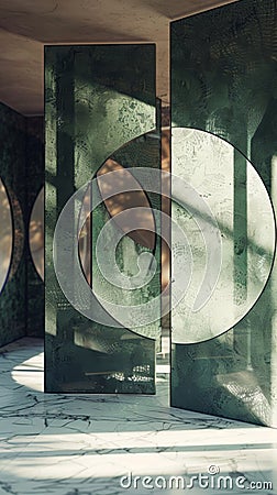 A circular room divider with intersecting arcs creating a mesmerizing geometric pattern Stock Photo