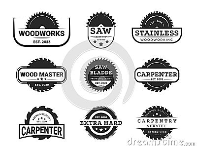 Circular saw carpentry logo. Industrial saw blade silhouettes for logo design, carpentry professional service and Vector Illustration