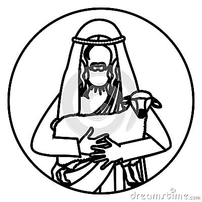 Circular shape with silhouette half body jesus carrying a sheep Vector Illustration