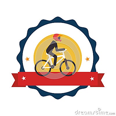 Circular stamp with bicycle and man cyclist Vector Illustration