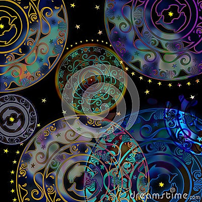 Circular stencil ornament, delf and shell colored Stock Photo