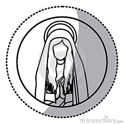 Circular sticker with contour half body saint virgin mary praying Vector Illustration