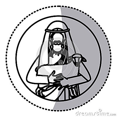 Circular sticker with silhouette half body jesus carrying a sheep Vector Illustration