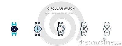 Circular watch icon in different style vector illustration. two colored and black circular watch vector icons designed in filled, Vector Illustration