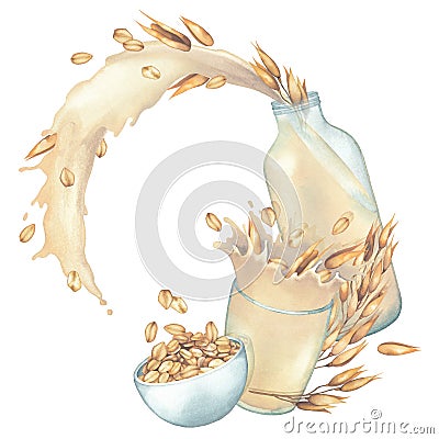 Circular watercolor design with oats, cereals, glass, bottle and milk splash. Cartoon Illustration