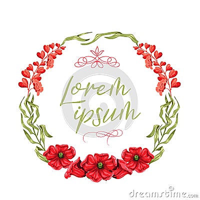 Circular watercolor wreath with bright poppies, red flax flowers and green leaves on white background. Floral wedding Vector Illustration