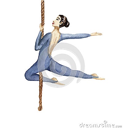 Circus acrobat on the rope. Watercolor illustration on white Cartoon Illustration