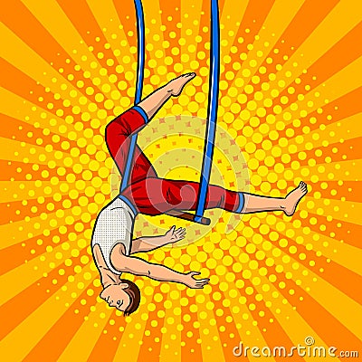 Circus acrobat on trapeze pop art vector Vector Illustration