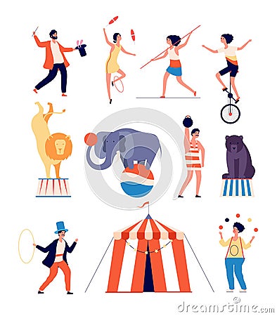 Circus actors. Clown and magician, juggler and balancer, animal trainer and strong man. Shapito circus vector isolated Vector Illustration