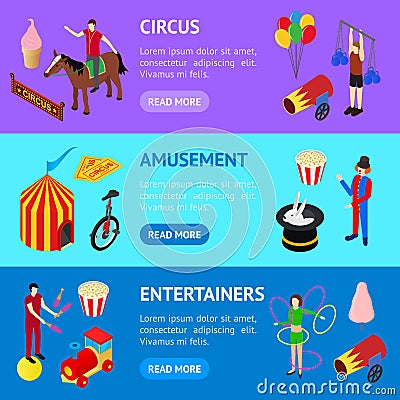 Circus Amusement and Attraction Banner Horizontal Set Isometric View. Vector Vector Illustration