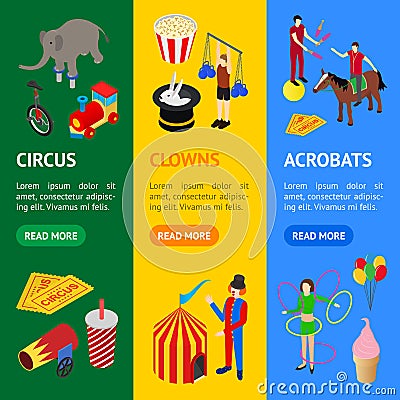 Circus Amusement and Attraction Banner Vecrtical Set Isometric View. Vector Vector Illustration