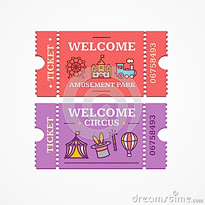 Circus and Amusement Park Tickets Flat Icon Set. Vector Vector Illustration