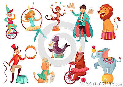 Circus animals. Animal acrobatic tricks, circus family acrobat entertainment. Cartoon vector isolated illustration Vector Illustration