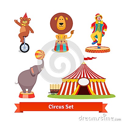 Circus animals, bear, lion, elephant, clown Vector Illustration