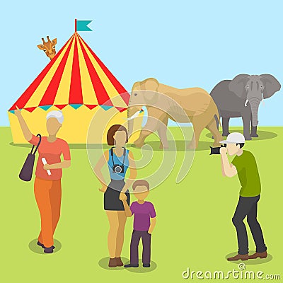 Circus animals and people taking pictures vector illustration. Cartoon people and animals in front of retro circus Vector Illustration