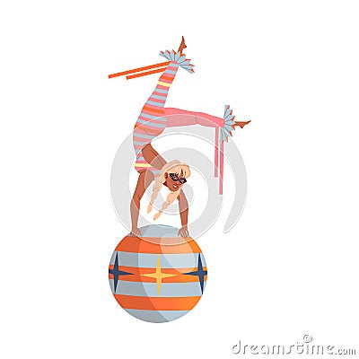 Circus artist performing at show. Acrobatic woman balancing on ball cartoon vector illustration Vector Illustration