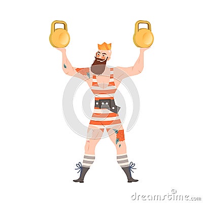 Circus artist performing at show, carnival party. Strongman lifting kettlebells cartoon vector illustration Vector Illustration