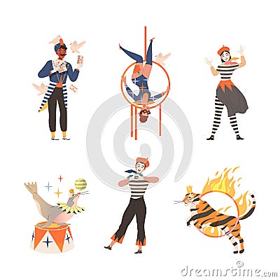 Circus artists performing at show set. Magician, mime, strongman and animals doing tricks vector illustration Vector Illustration