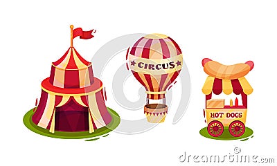 Circus Attribute with Striped Tent, Hot Air Balloon and Hot Dog Stall Vector Set Vector Illustration