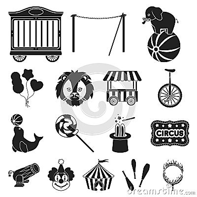 Circus and attributes black icons in set collection Vector Illustration