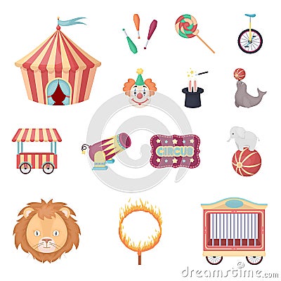 Circus and attributes cartoon icons in set collection for design. Circus Art vector symbol stock web illustration. Vector Illustration