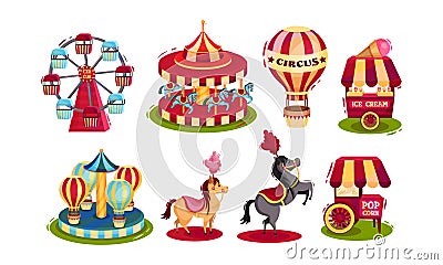 Circus Attributes with Fun Fairs and Treatment Vector Set Vector Illustration