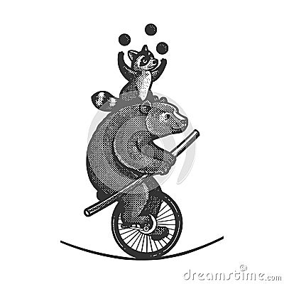 Circus bear with raccoon on unicycle sketch vector Vector Illustration