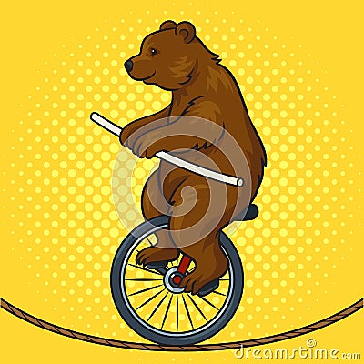 Circus bear rides tightrope on unicycle raster Cartoon Illustration