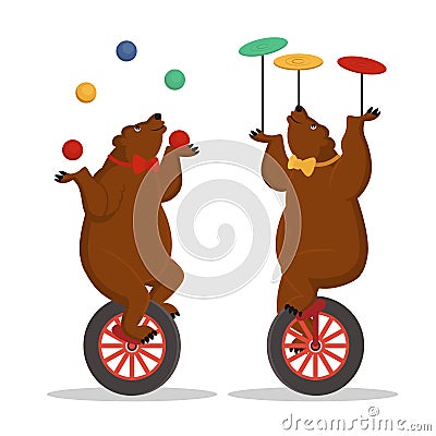 Circus bears juggle on a bicycle. Vector Illustration